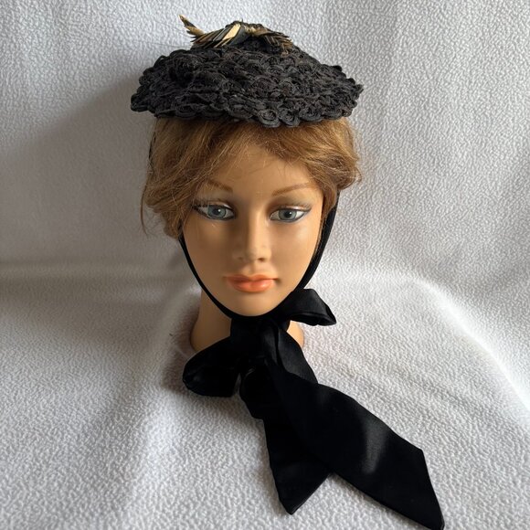 Antique Victorian Black Woven Ribbon Bonnet with Wheat Accents main image 10